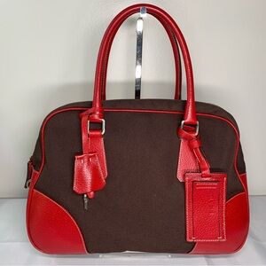 SOLD!!!   EUC Prada Bowler Satchel Dark Brown Canvas And Red Leather